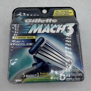 Gillette Mach3 Razor Blades 5 Cartridge Refills Plus 1 Fusion Proglide Sealed